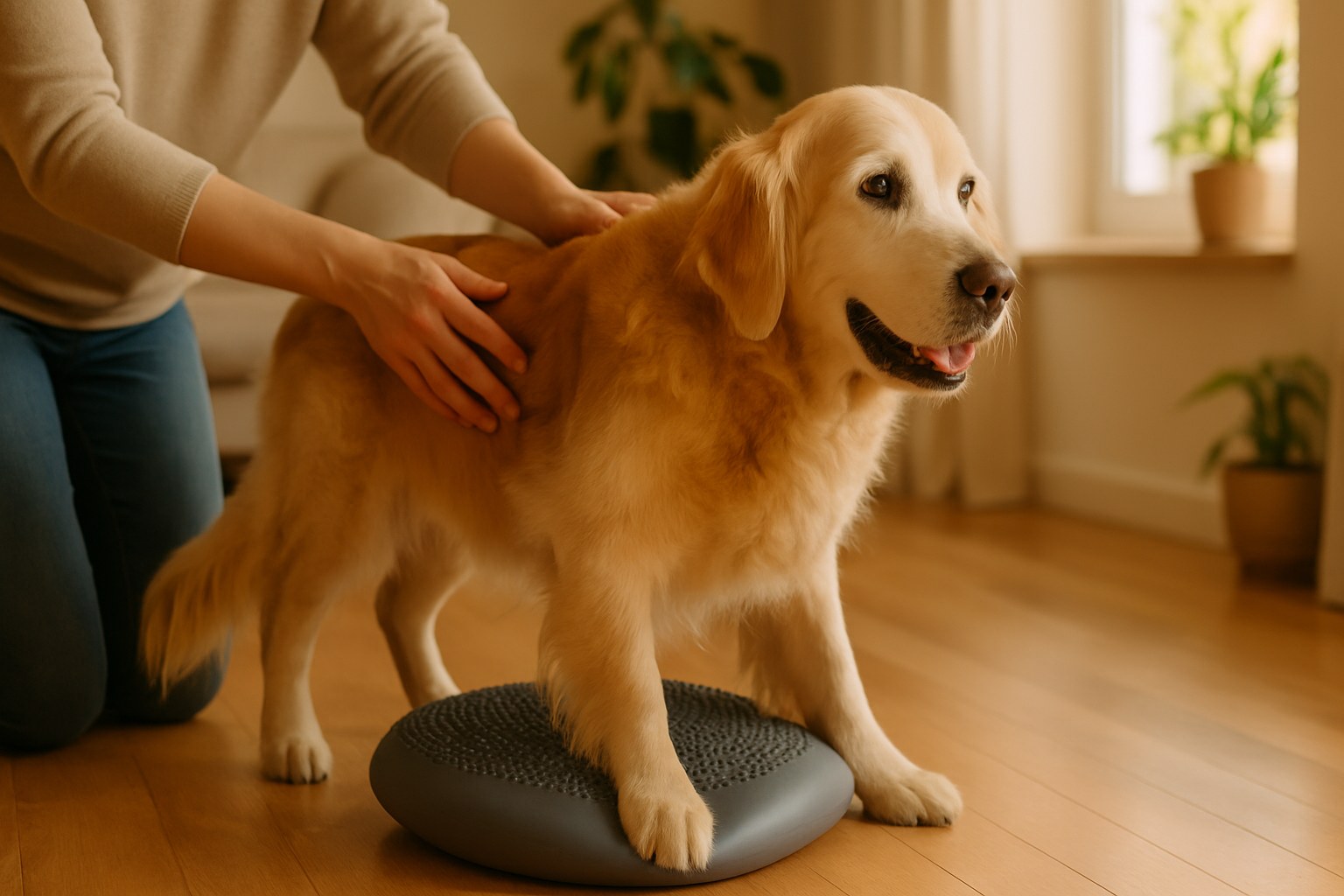 Cane anziano che esegue esercizi di equilibrio su cuscino in ambiente domestico con proprietario che lo guida