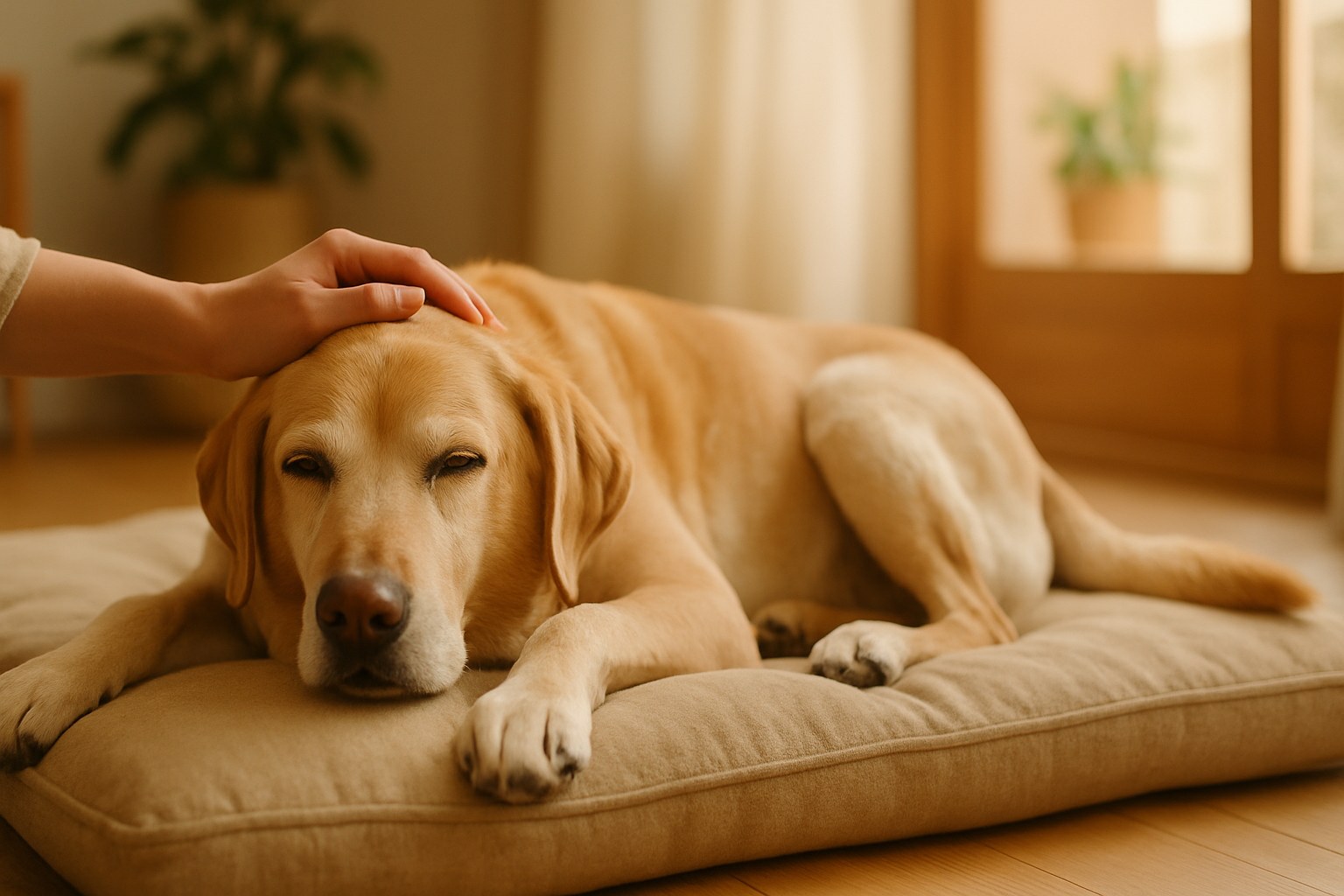 Cane anziano sereno sdraiato su cuscino morbido in ambiente domestico tranquillo con proprietario che lo accarezza dolcemente