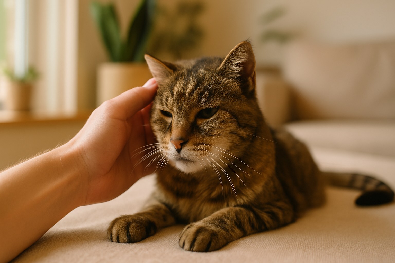Gatto anziano sereno accarezzato dal proprietario in ambiente domestico tranquillo