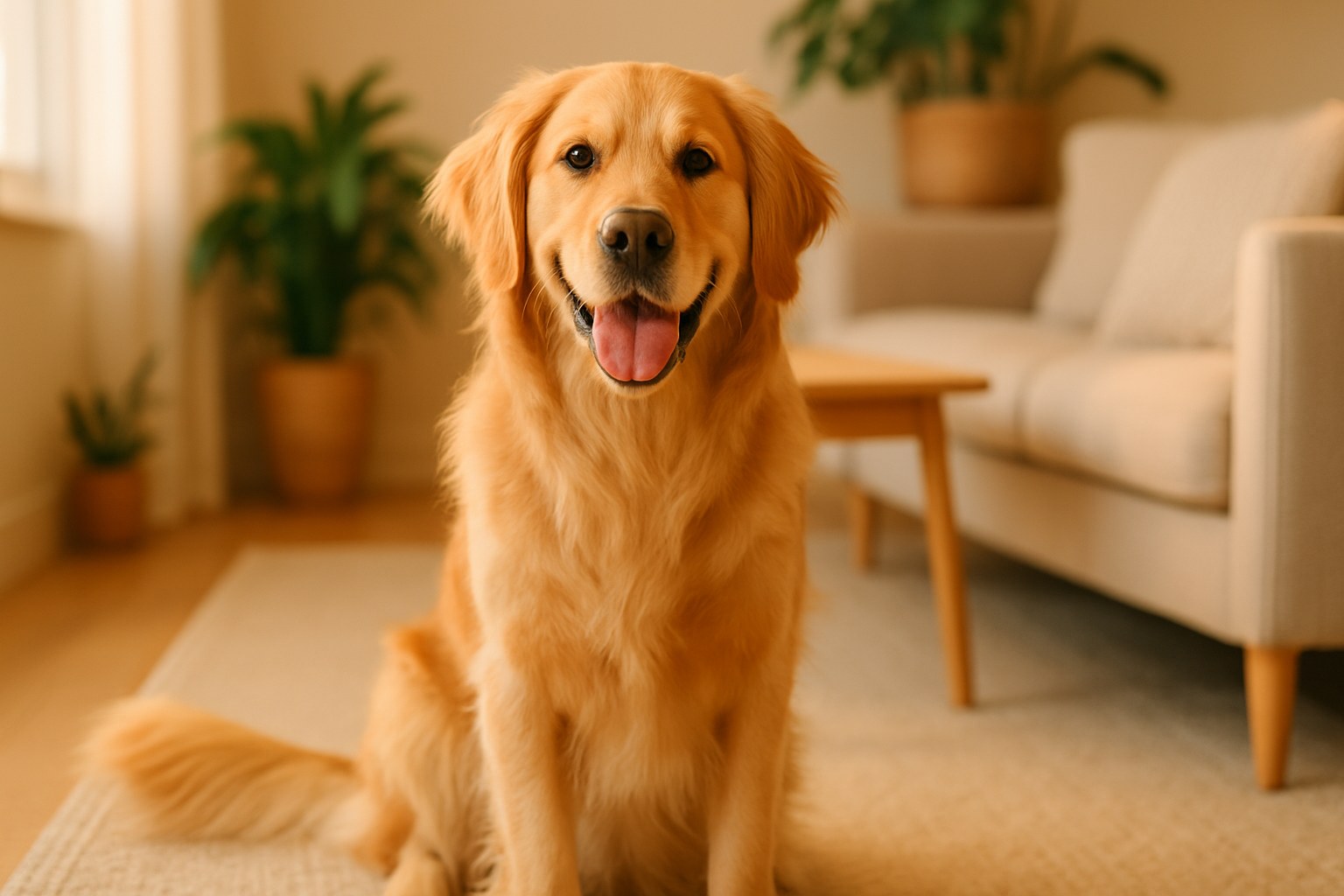 Cane felice fotografato al livello degli occhi con luce naturale durante la golden hour in un prato