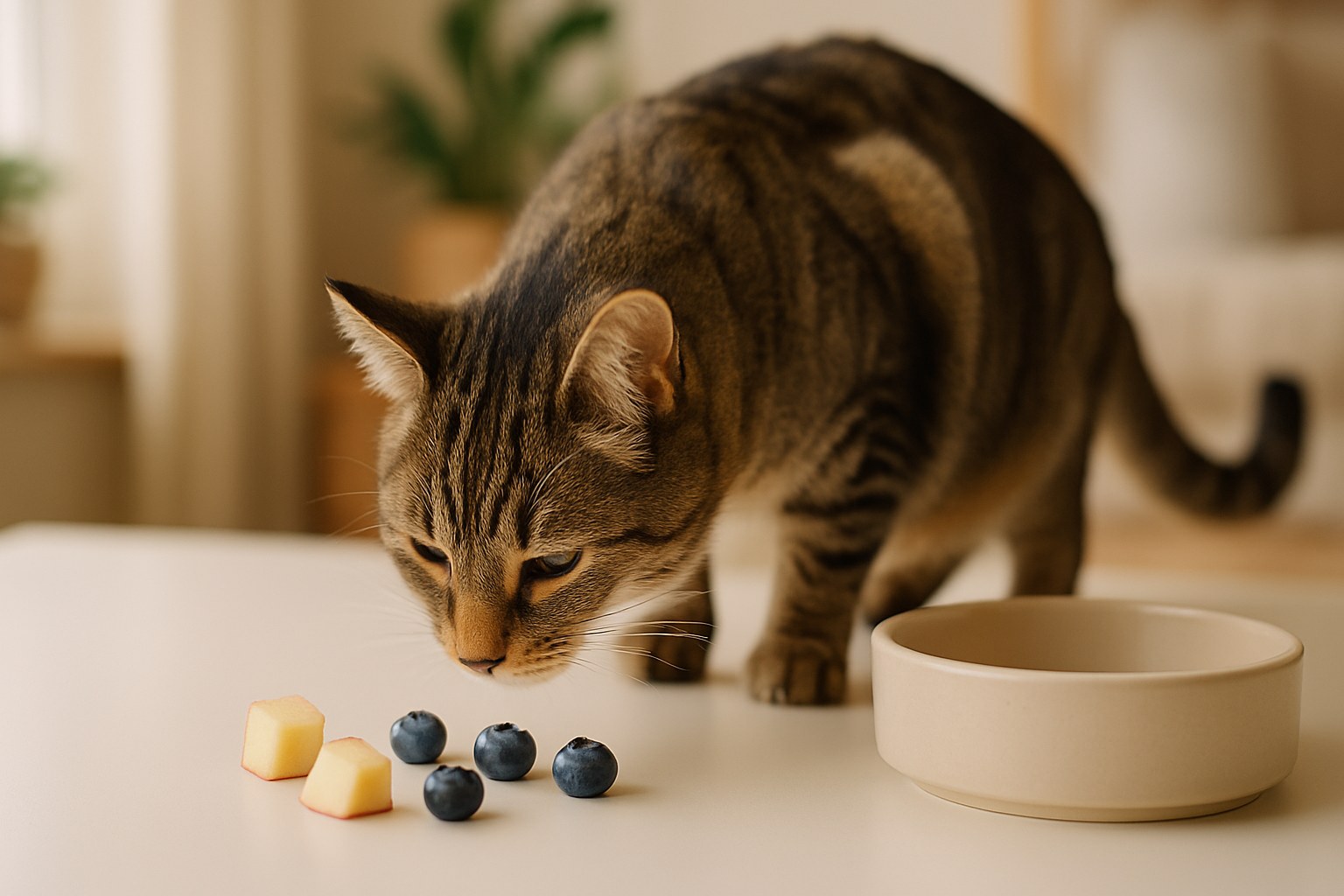 Gatto curioso che annusa pezzi di mela fresca e mirtilli su tavolo bianco con ciotola di cibo