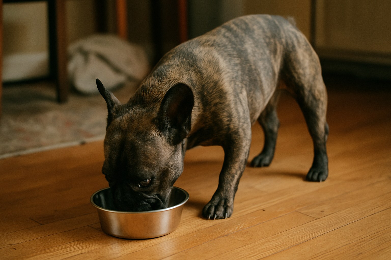 Cane che annusa una ciotola di mele, banane e mirtilli