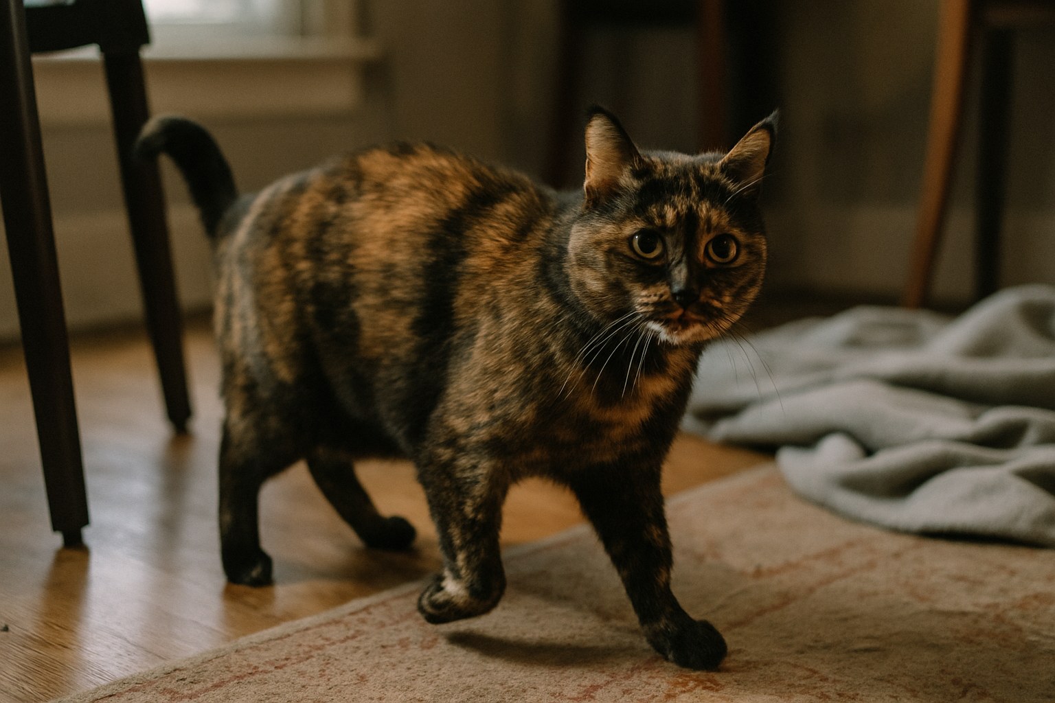 Gatto soriano che beve da un rubinetto aperto in cucina