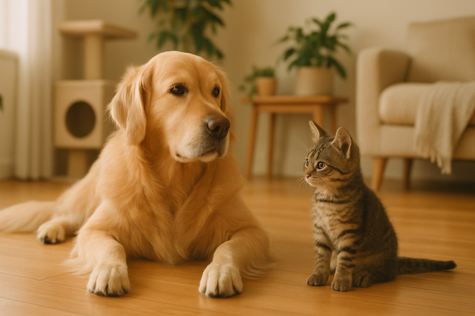 Gattino e cane sdraiati vicini su pavimento domestico, cane golden retriever calmo e gattino tigrato che osserva curioso
