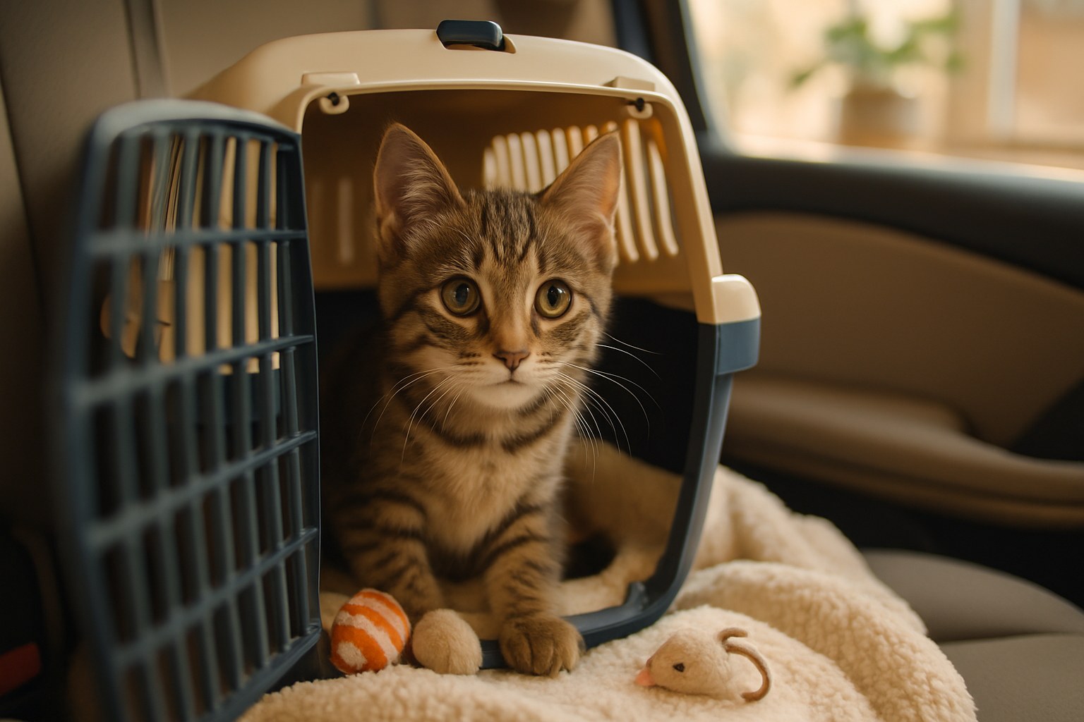 Gattino tigrato curioso dentro trasportino aperto in auto con coperta morbida e giochi