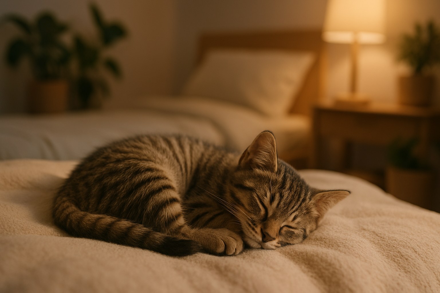Gattino tigrato che dorme serenamente arricciato su morbida coperta beige in ambiente domestico notturno
