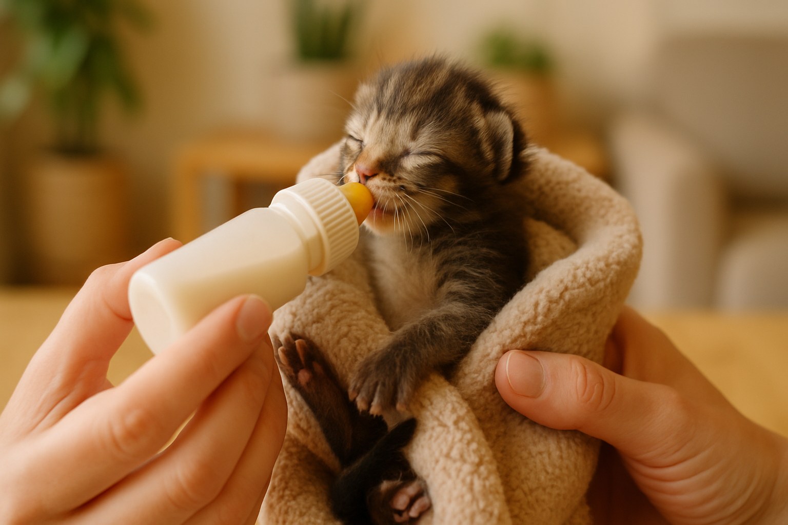 Gattino orfano neonato avvolto in una coperta calda che viene nutrito con biberon specifico per cuccioli