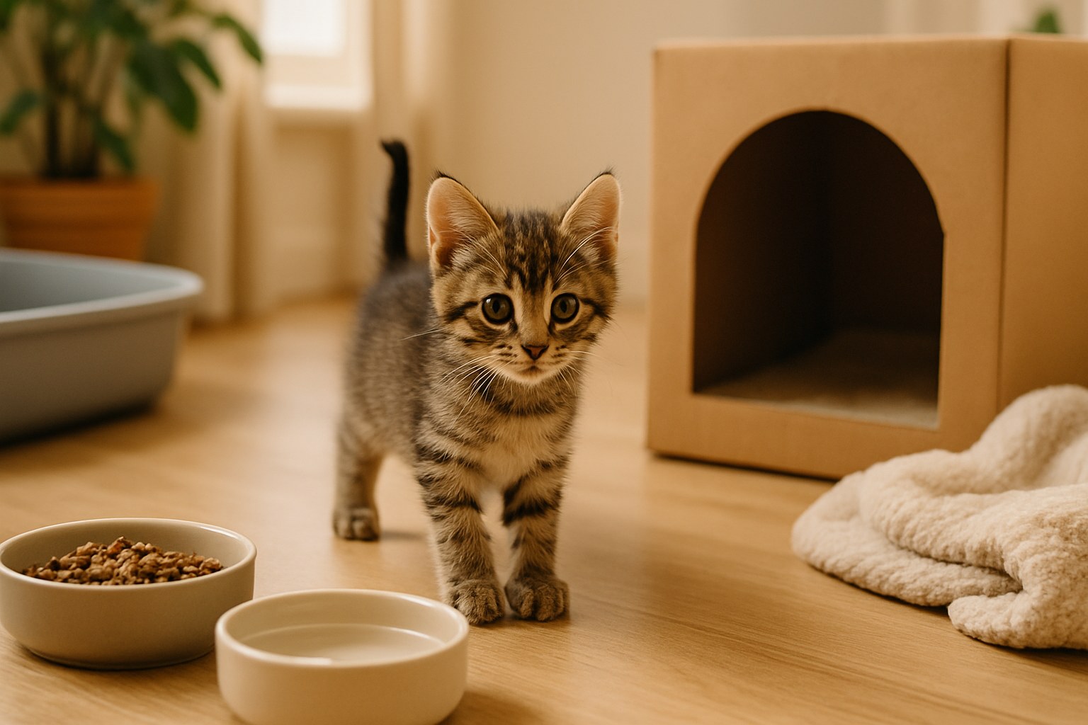 Gattino tigrato di 8 settimane che esplora cautamente una stanza sicura con lettiera, ciotole e nascondigli durante i primi giorni in casa