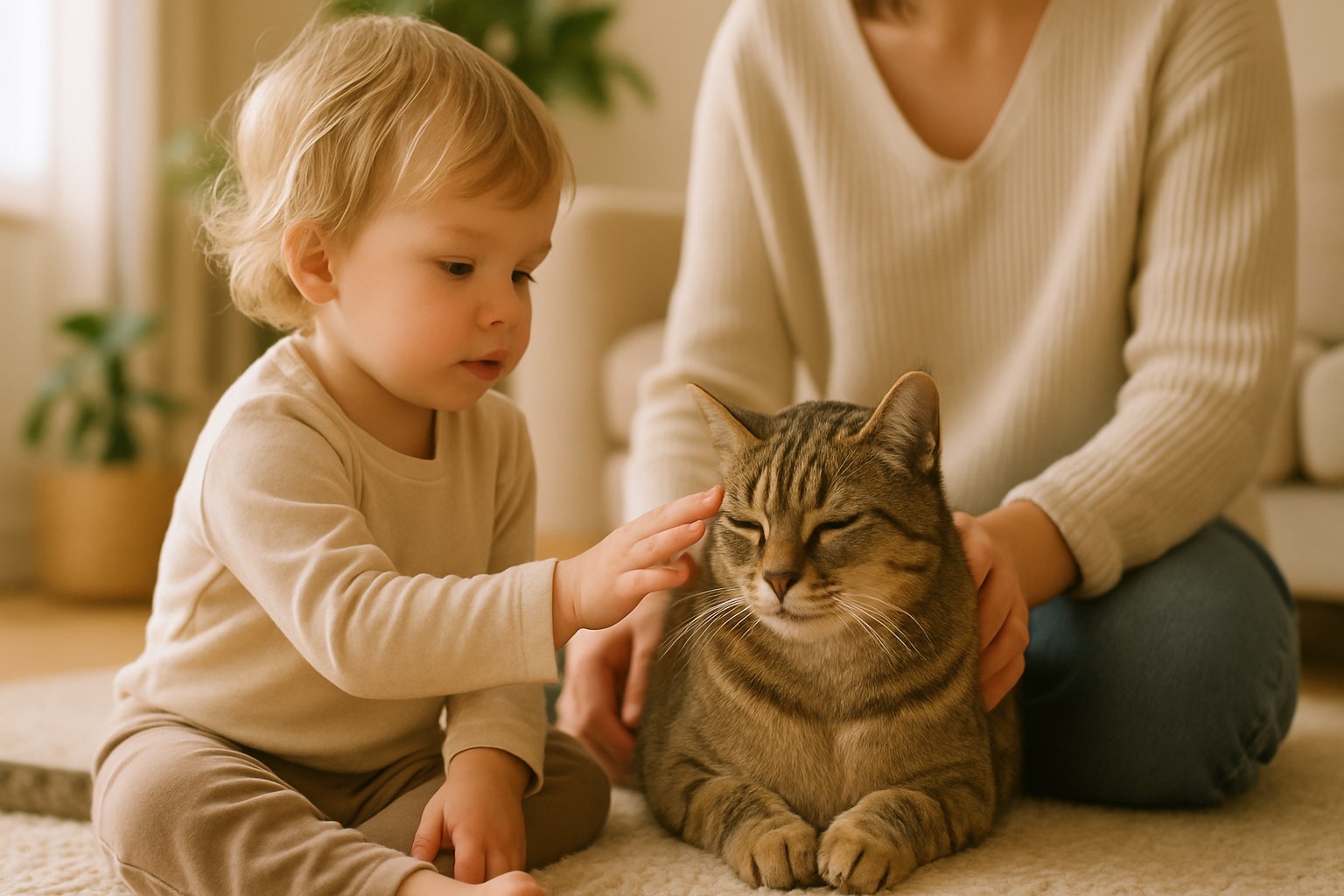 Bambino che accarezza delicatamente un gatto domestico sotto supervisione adulta in ambiente sicuro