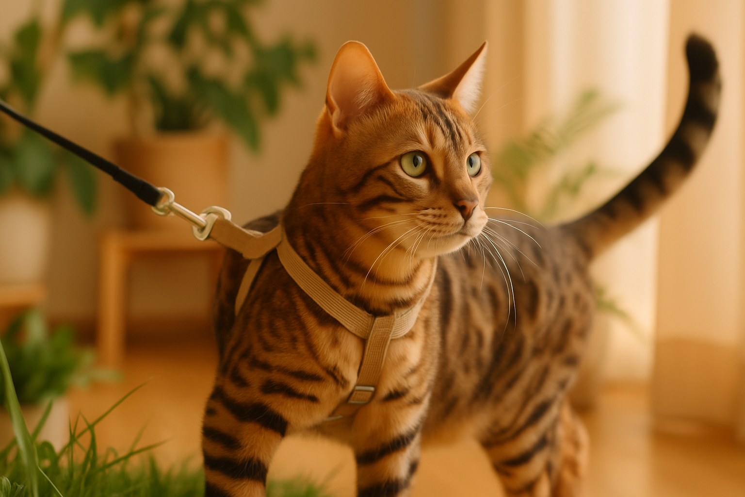 Gatto Bengala con pettorina ad H e guinzaglio che esplora un giardino tranquillo durante addestramento controllato