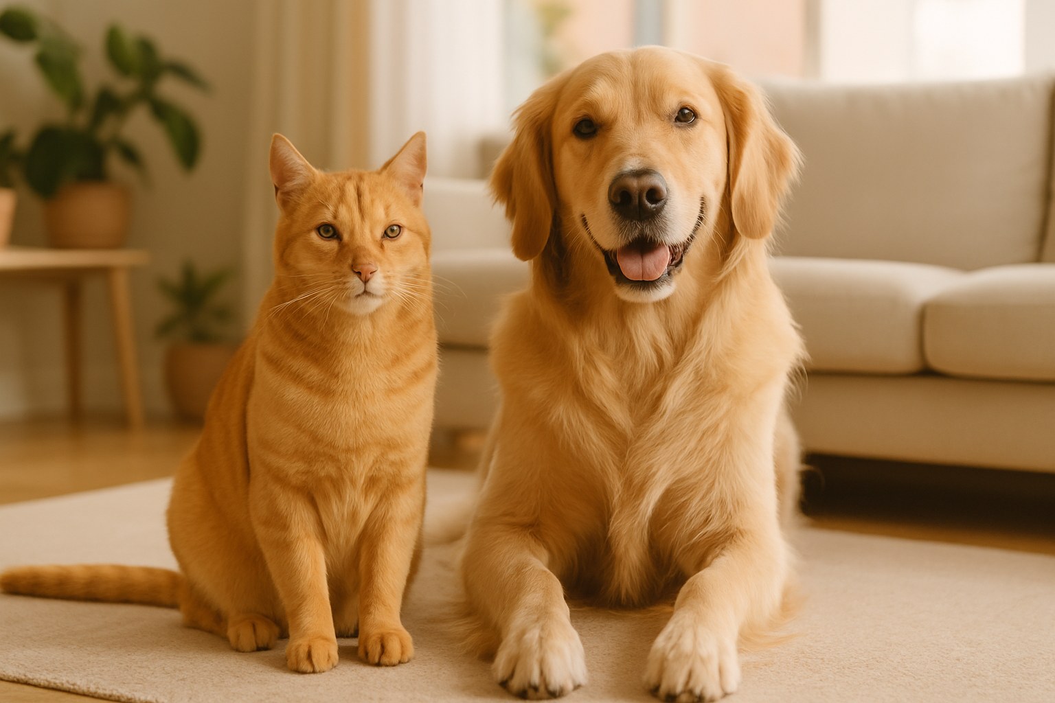 Gatto e cane seduti tranquillamente vicini in salotto durante fase di integrazione