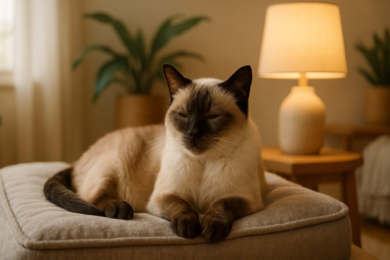 Gatto anziano che riposa su una cuccia ortopedica morbida vicino a una rampa