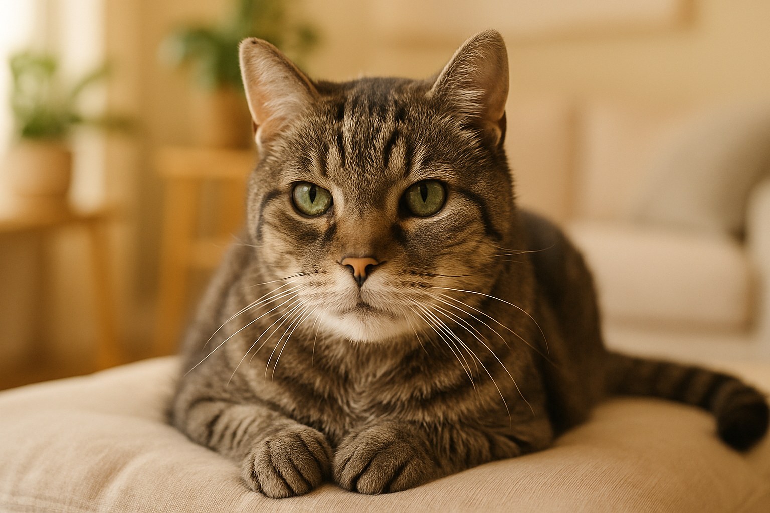 Gatto anziano grigio con occhi verdi riposato su cuscino morbido che mostra segni tipici della vecchiaia felina