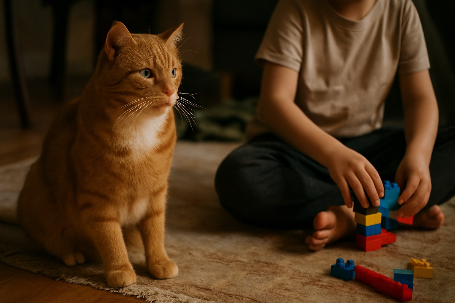 Gatto che osserva un bambino piccolo seduto a terra