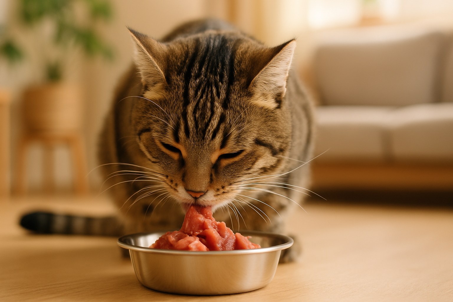 Gatto tigrato che mangia carne cruda da una ciotola in acciaio, mostrando la sua natura di carnivoro stretto