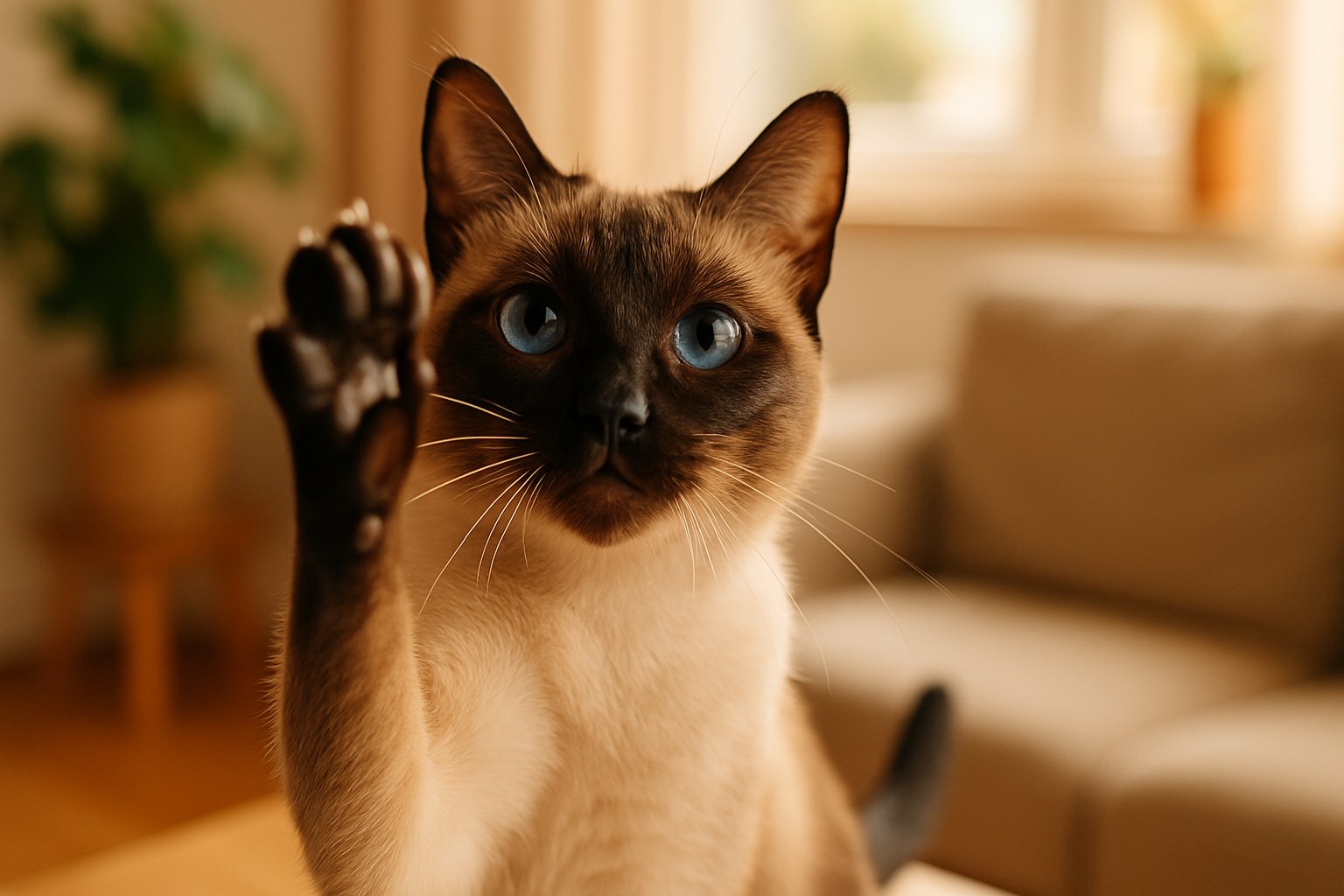 Gatto Siamese che cerca attenzione dal proprietario con zampa sollevata e sguardo intenso