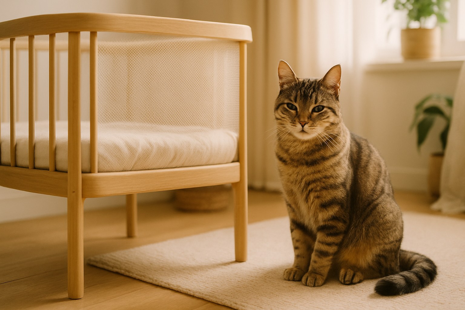 Gatto domestico tranquillo seduto accanto a culla di neonato con zanzariera protettiva in cameretta luminosa e sicura