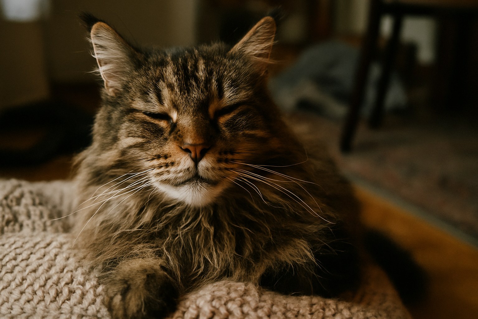 Gatto addormentato che fa le fusa con espressione serena