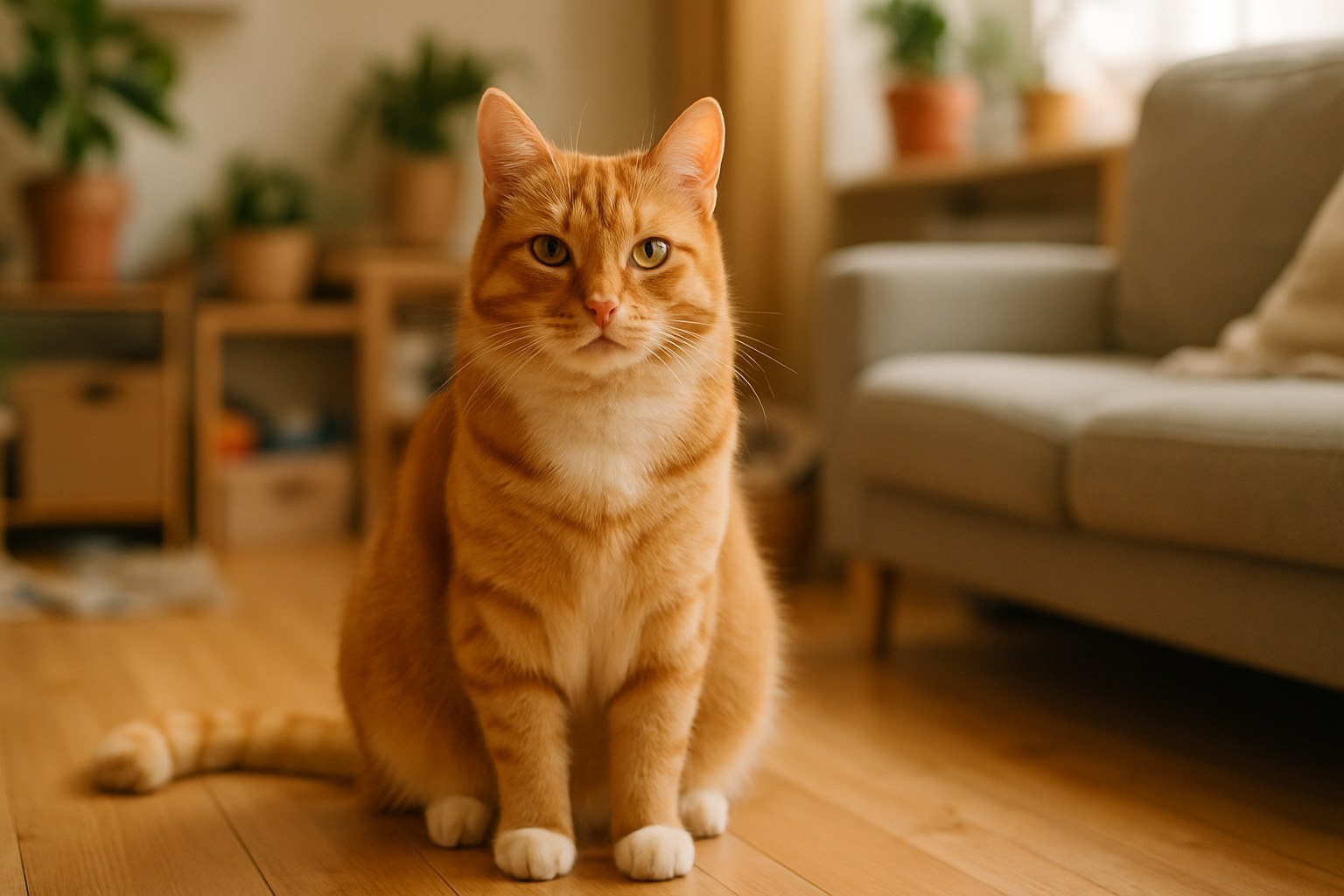 Gatto in piedi che fissa intensamente un punto sul muro bianco