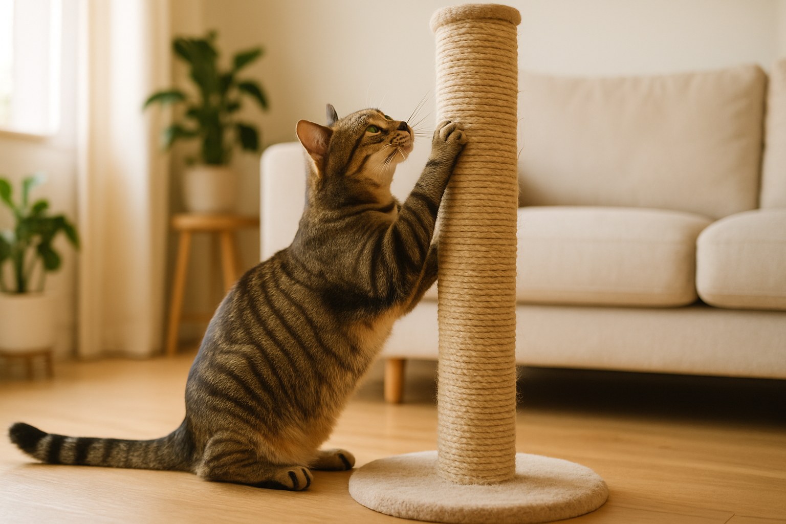 Gatto tigrato che utilizza un tiragraffi verticale in sisal naturale accanto a un divano intatto in salotto luminoso
