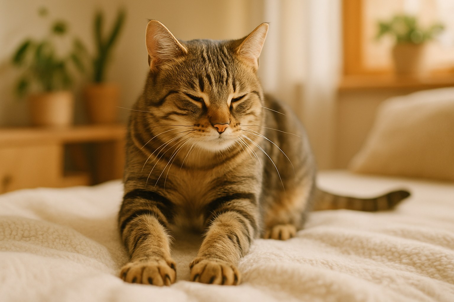 Gatto tigrato che impasta con le zampe anteriori su una coperta morbida bianca mostrando espressione rilassata e felice