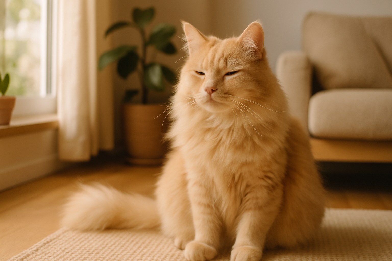 Gatto domestico che osserva fuori dalla finestra da una mensola alta in salotto
