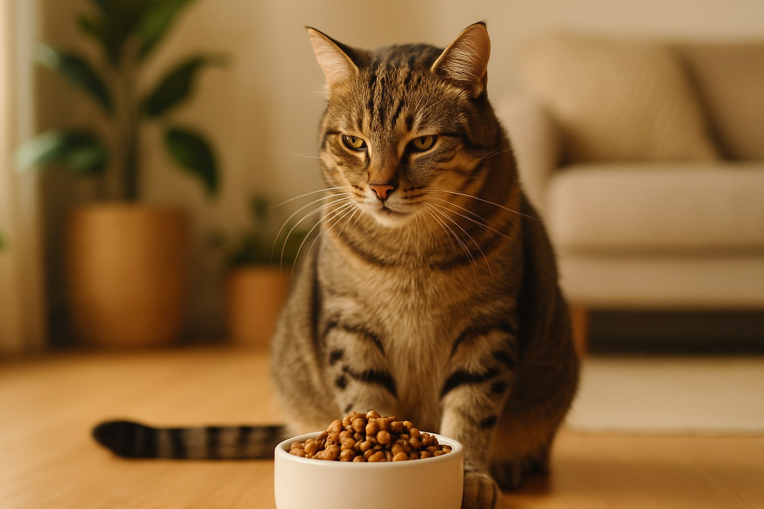 Gatto tigrato seduto davanti a ciotola piena di cibo con espressione disinteressata e inappetente