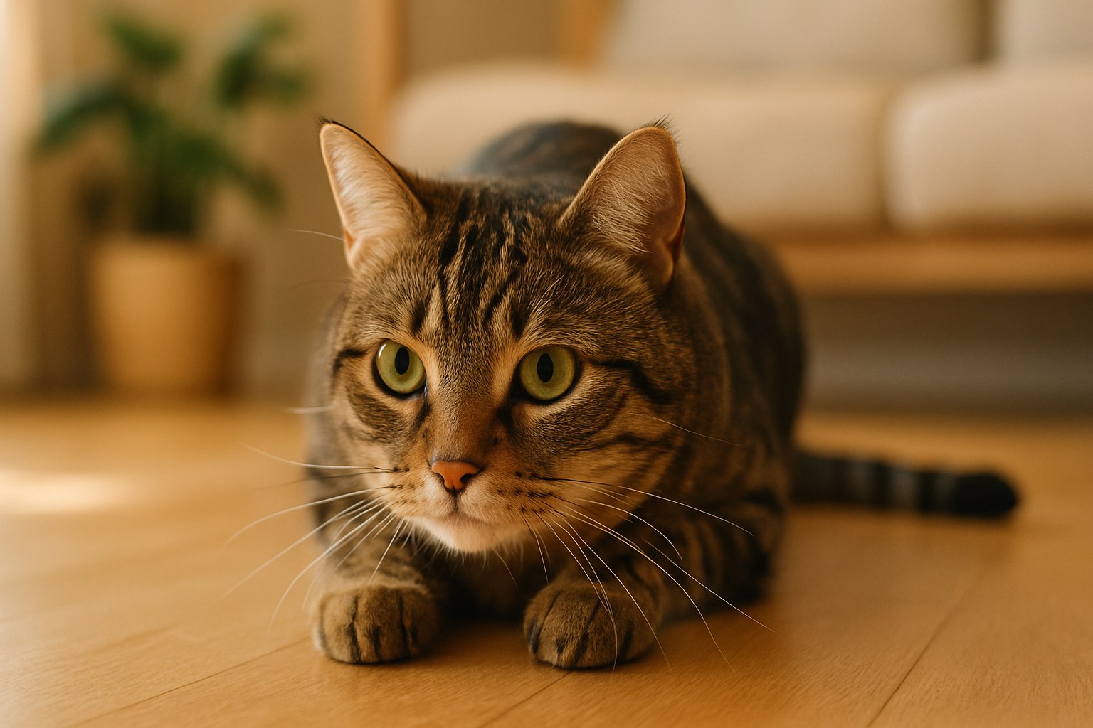 Gatto soriano in posizione di caccia concentrato su preda con corpo basso e orecchie dritte in ambiente domestico