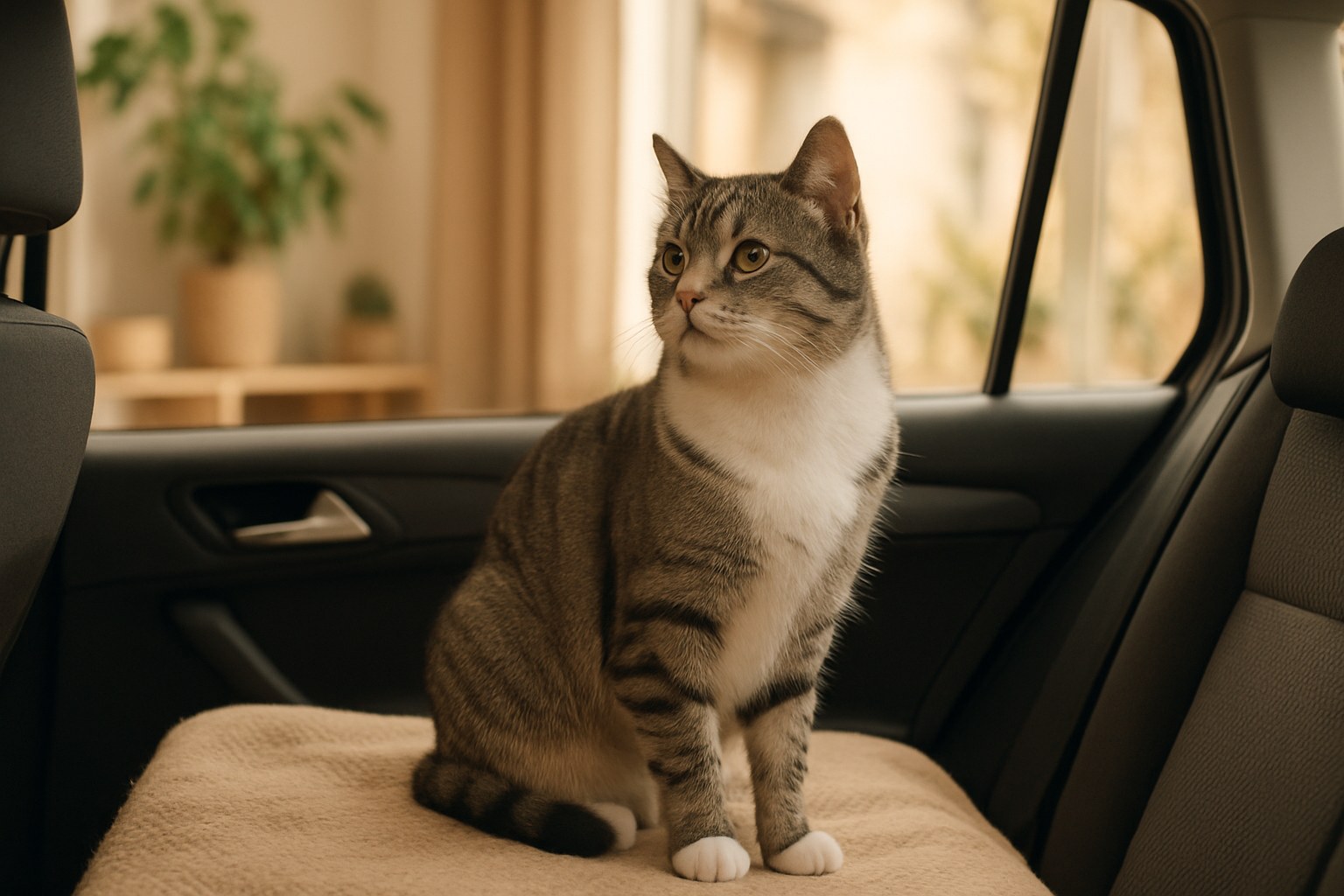 Gatto rilassato in trasportino moderno fissato sul sedile posteriore di un'auto