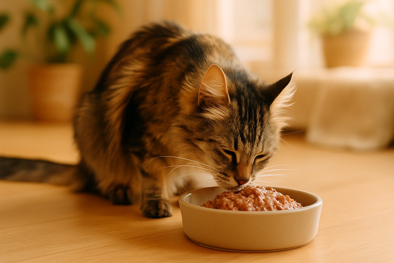 Gatto magro dal pelo lungo che mangia da una ciotola di cibo umido ipercalorico su un tavolo luminoso