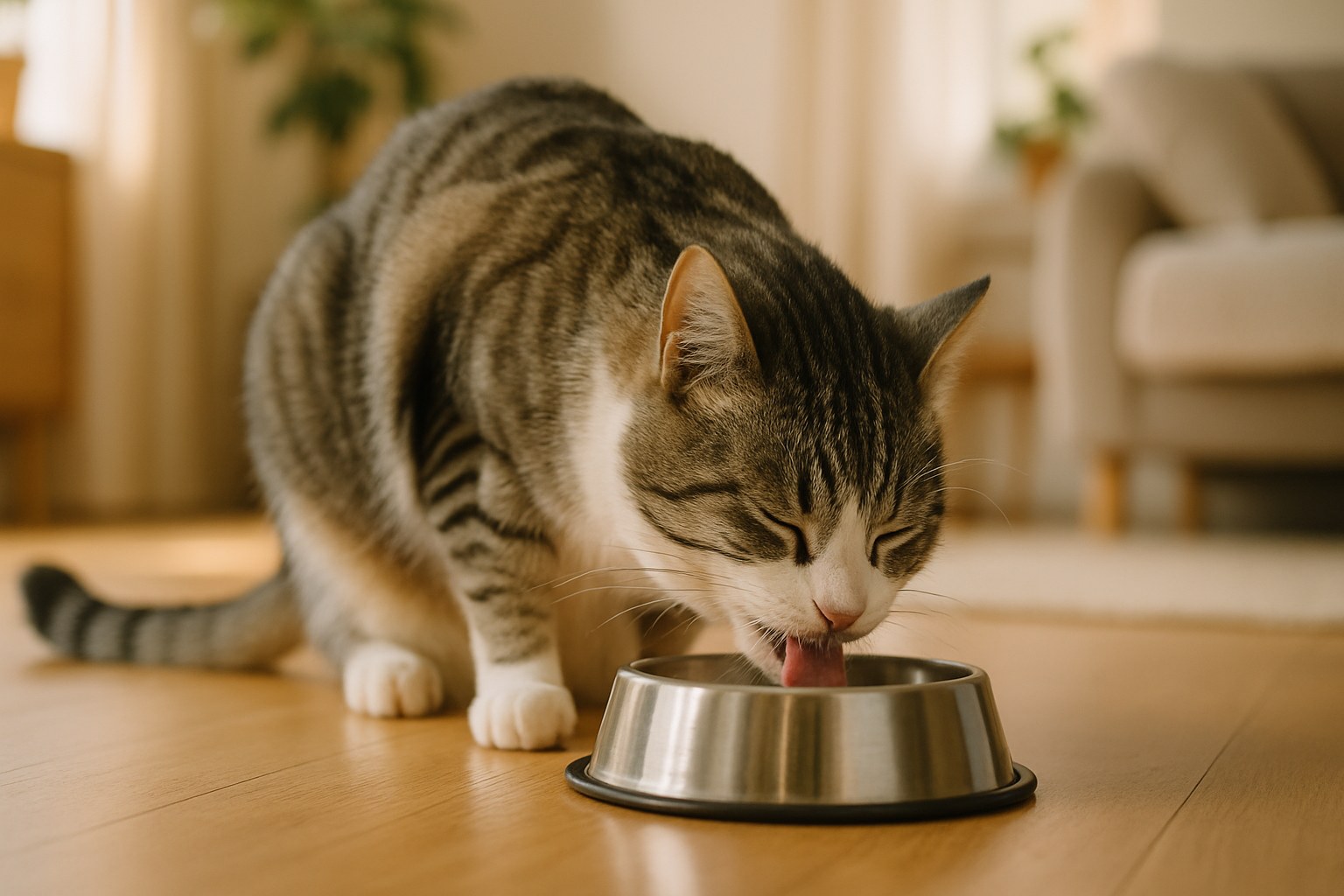 Gatto soriano che fissa la sua ciotola vuota con sguardo affamato