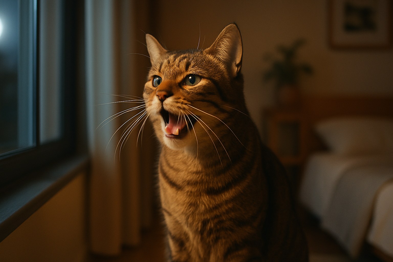 Gatto soriano adulto che miagola di notte vicino alla finestra in casa buia