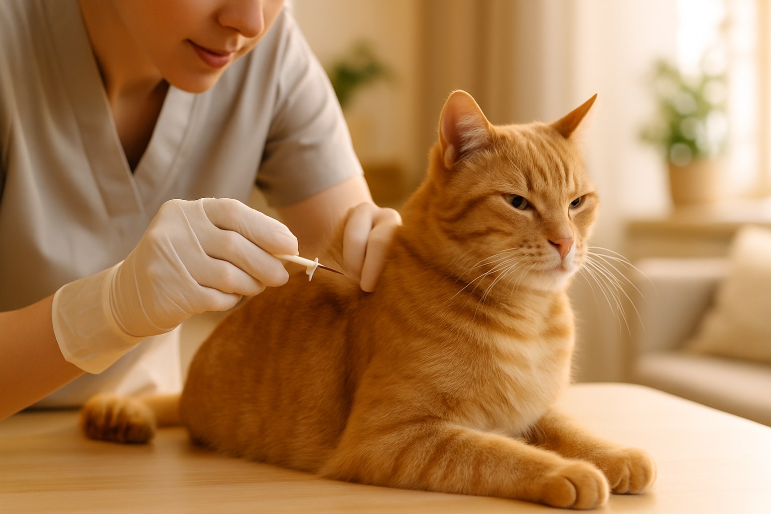 Veterinario che applica microchip sottocutaneo a gatto domestico durante visita clinica