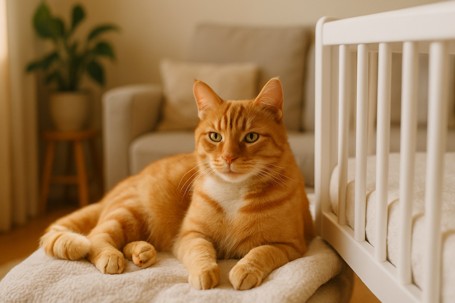 Gatto curioso che osserva da lontano la culla di un neonato