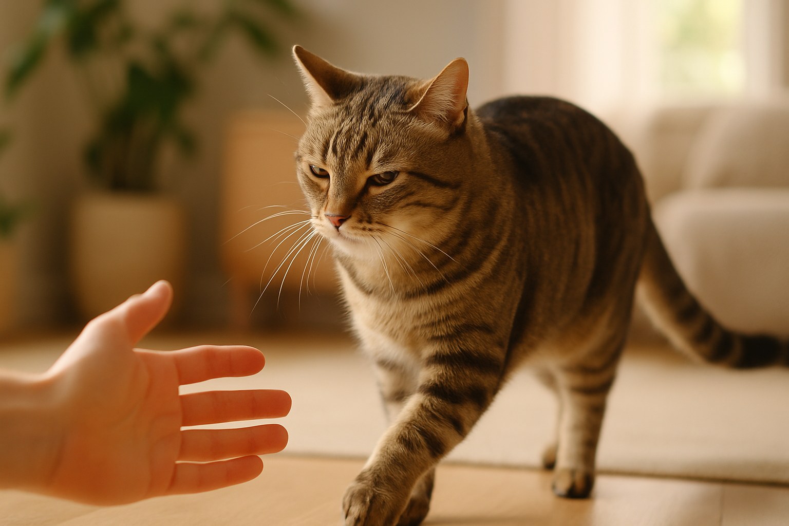 Gatto tigrato che si allontana da una mano tesa, mostrando linguaggio corporeo di rifiuto del contatto
