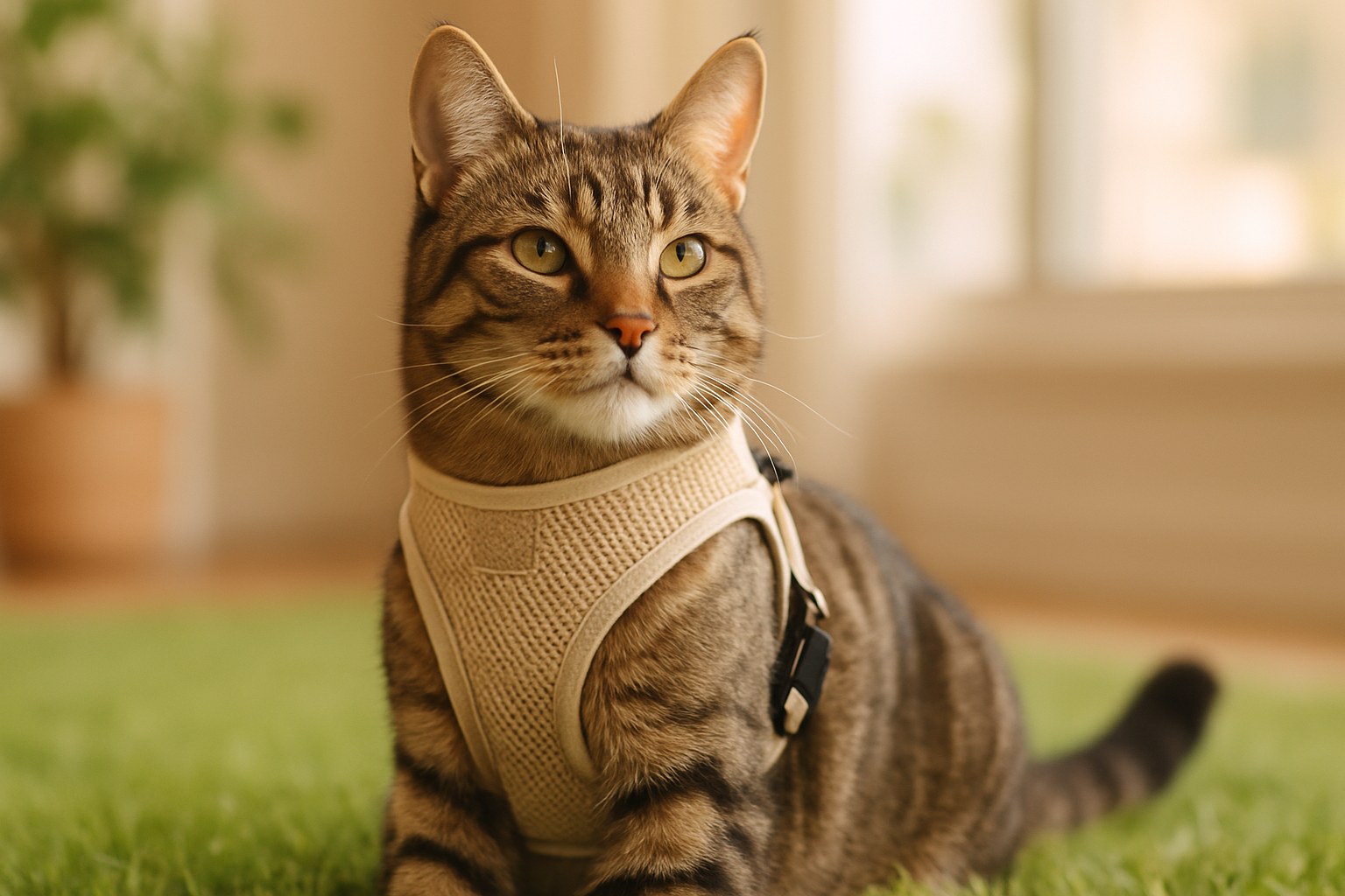 Gatto tigrato che indossa pettorina a gilet durante passeggiata all'aperto su prato
