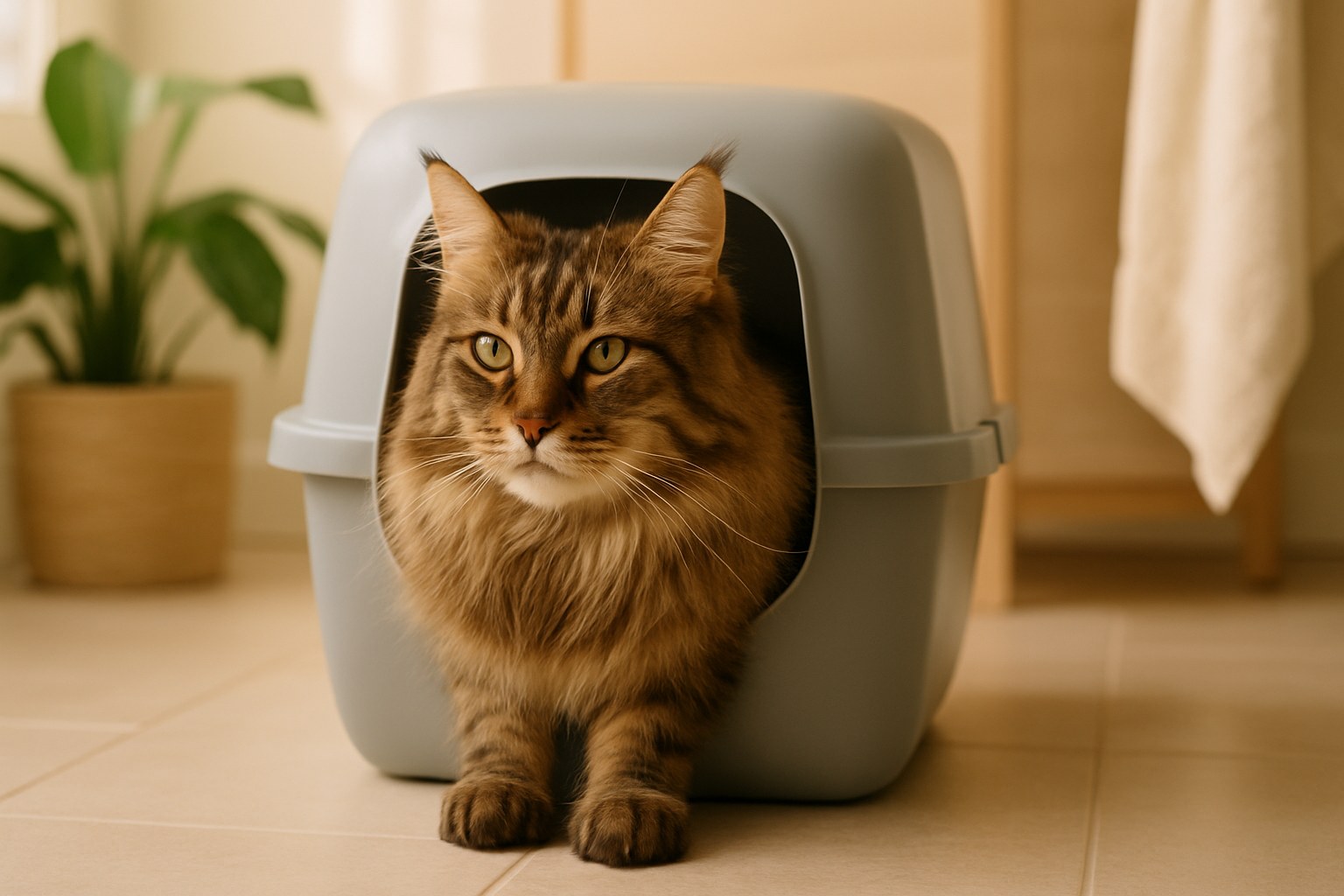 Gatto preoccupato vicino a una macchia di pipì sul tappeto