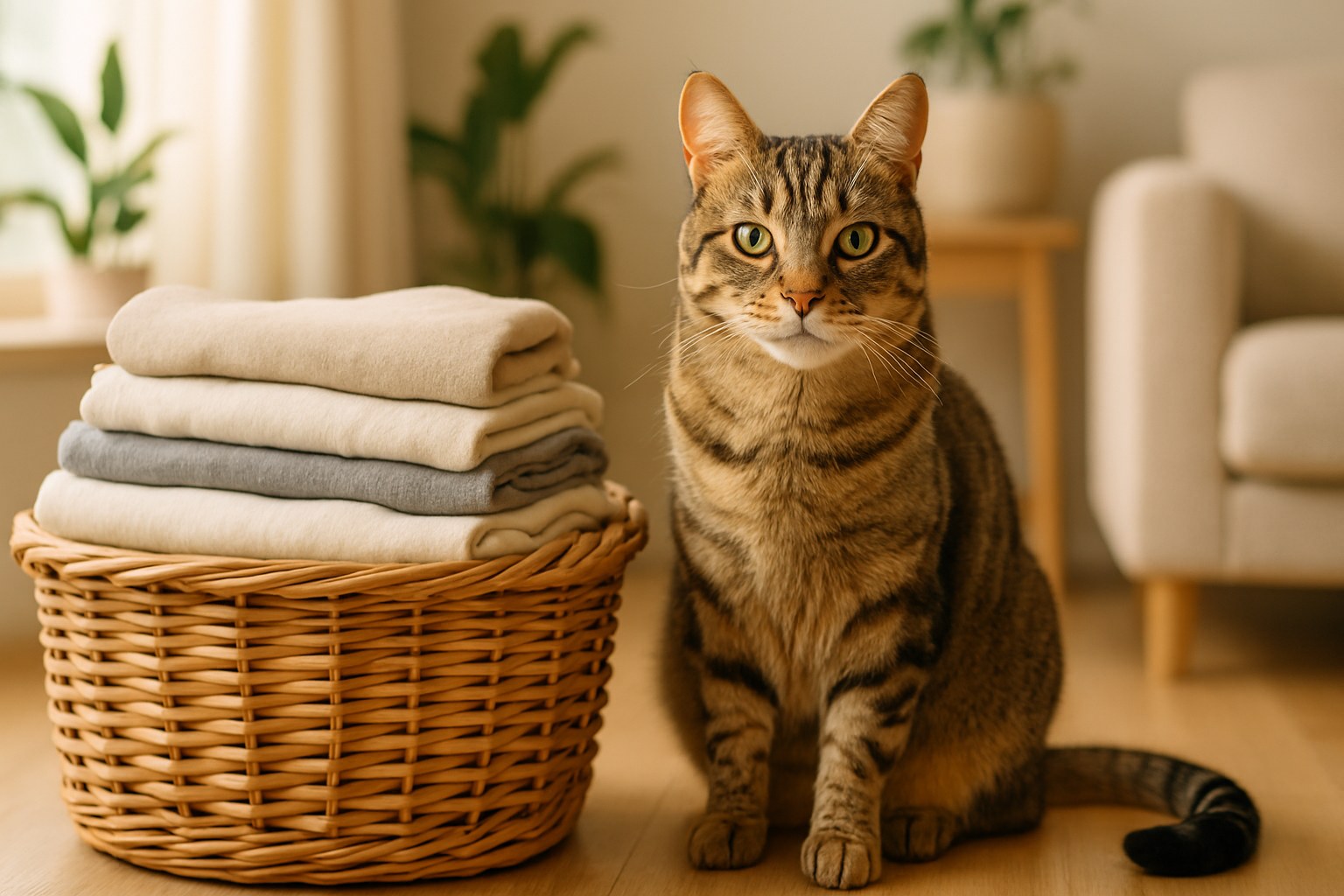 Gatto tigrato seduto accanto a cesta di vestiti puliti in ambiente domestico luminoso