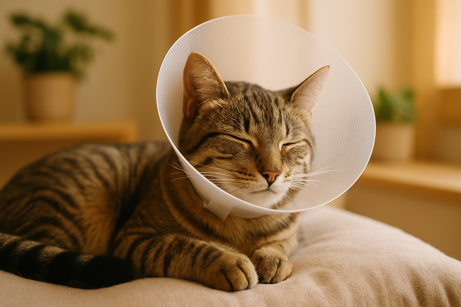 Gatto domestico che riposa tranquillamente su cuscino morbido con collare elisabettiano protettivo dopo intervento chirurgico