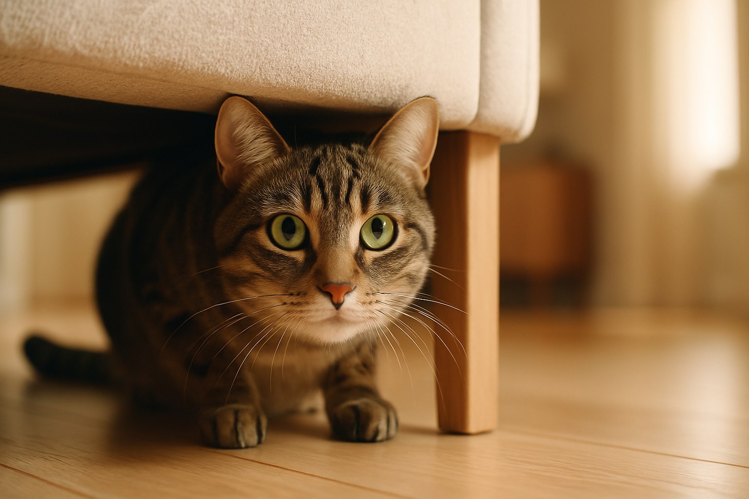 Gatto tigrato nascosto sotto il letto in ambiente domestico che osserva con occhi attenti