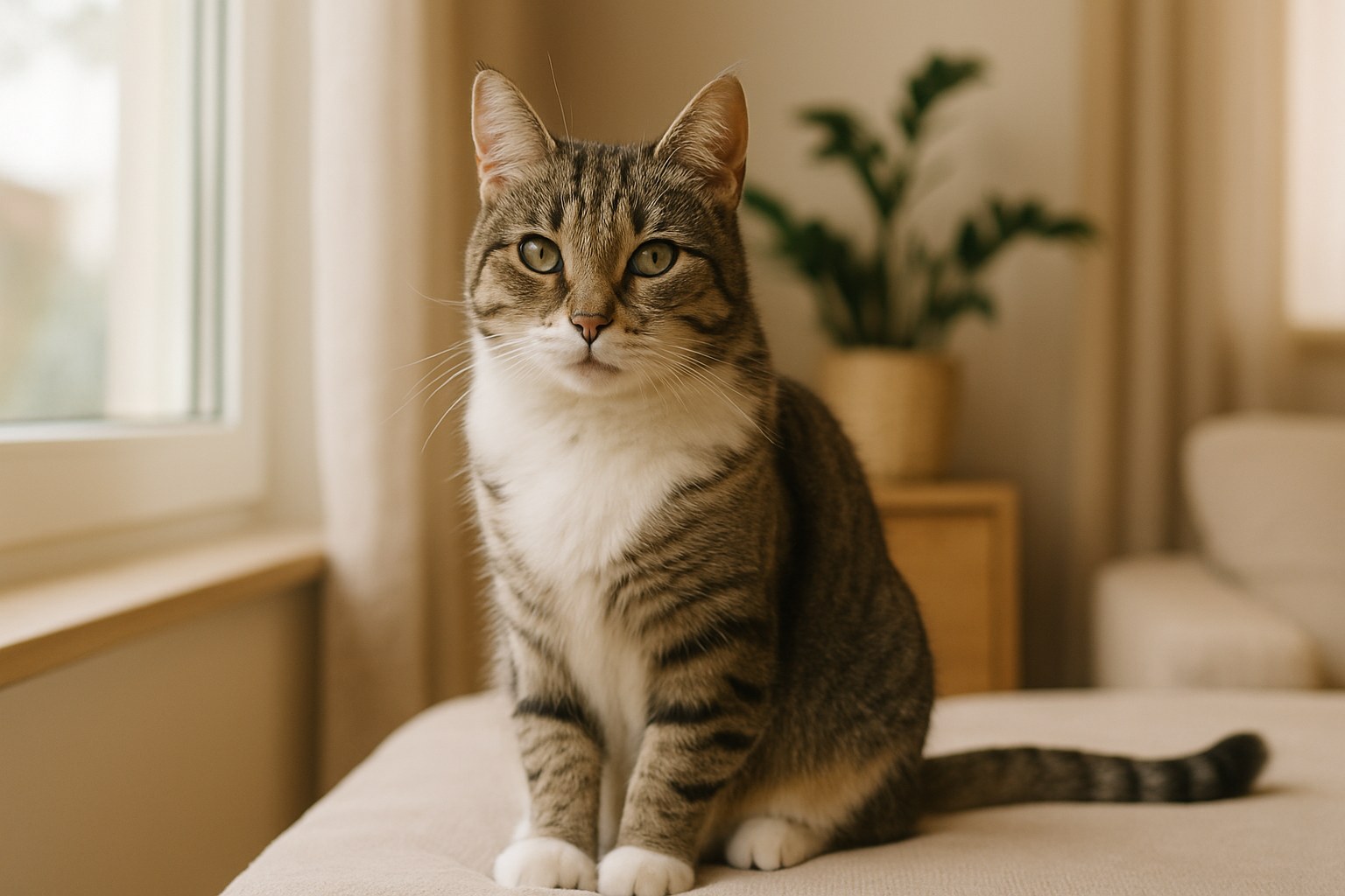 Gatto seduto sul davanzale che guarda fuori dalla finestra
