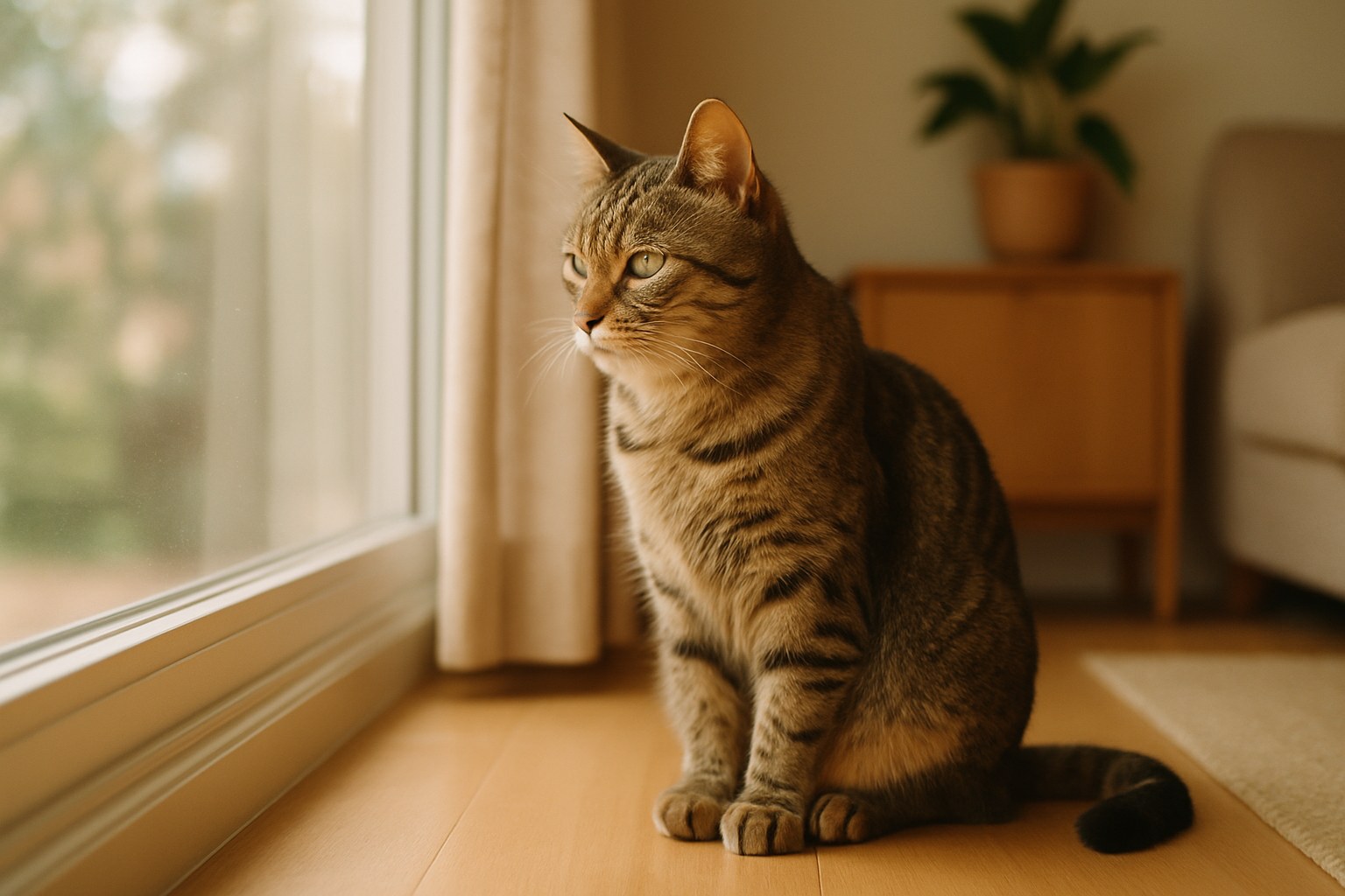 Gatto domestico seduto da solo davanti a una finestra che guarda fuori con espressione pensierosa in ambiente casalingo
