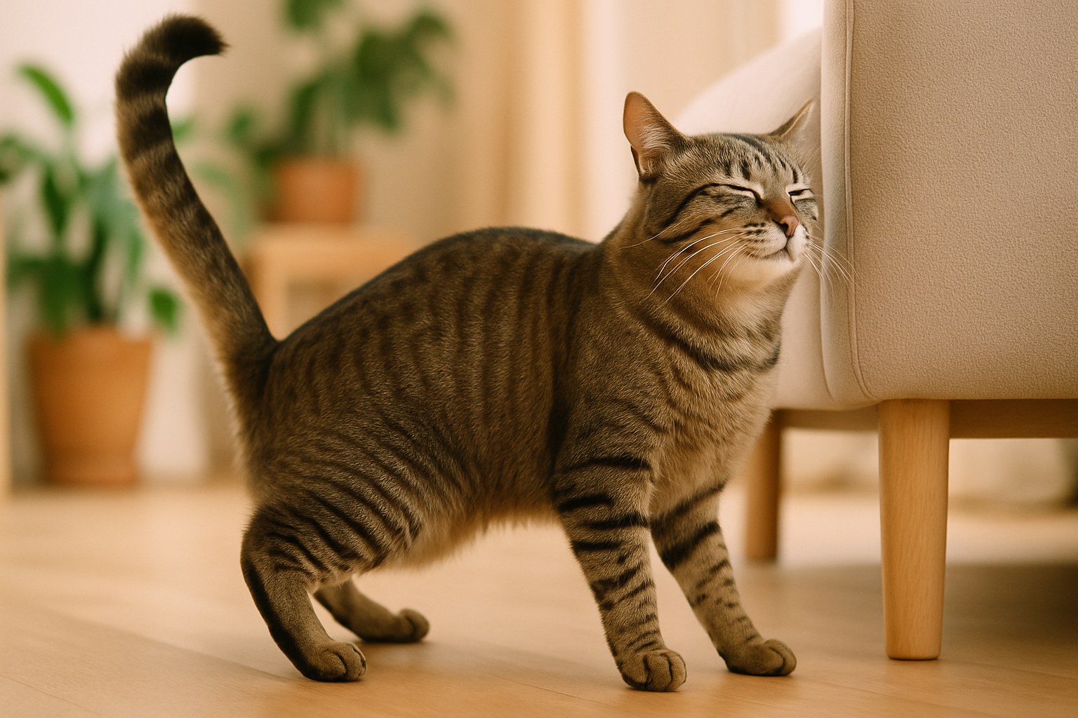Gatto tigrato in posizione di marcatura con coda dritta vicino a mobile domestico