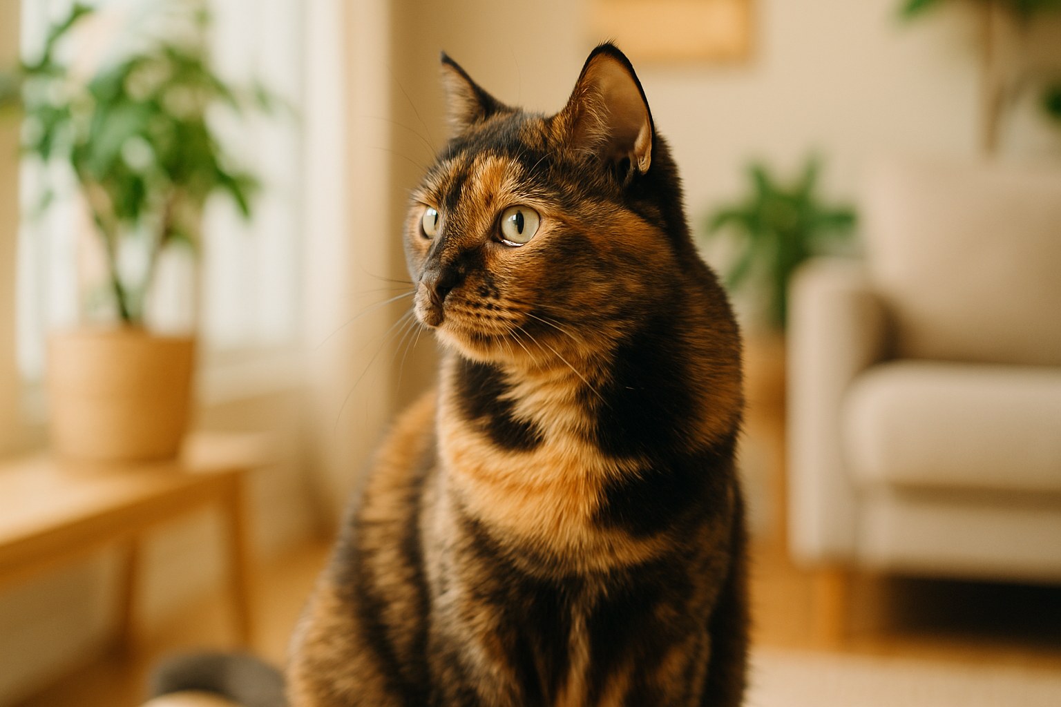 Gatto tartarugato dai tre colori sdraiato al sole su un davanzale