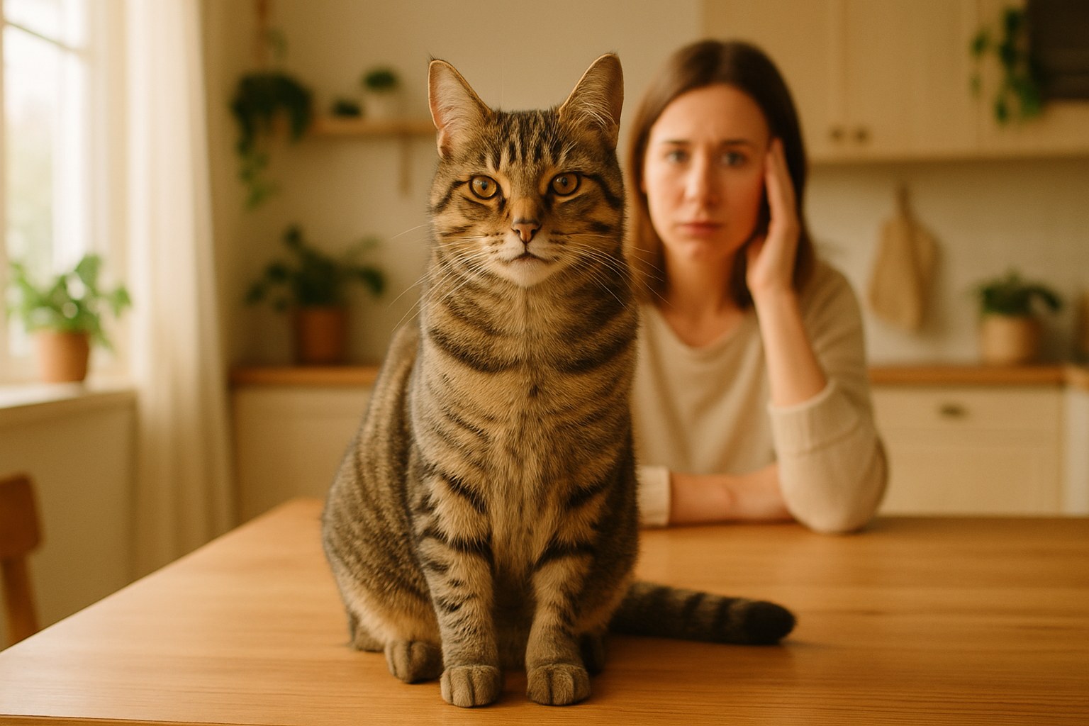 Gatto tigrato seduto su tavolo di cucina in legno con proprietaria che lo osserva preoccupata