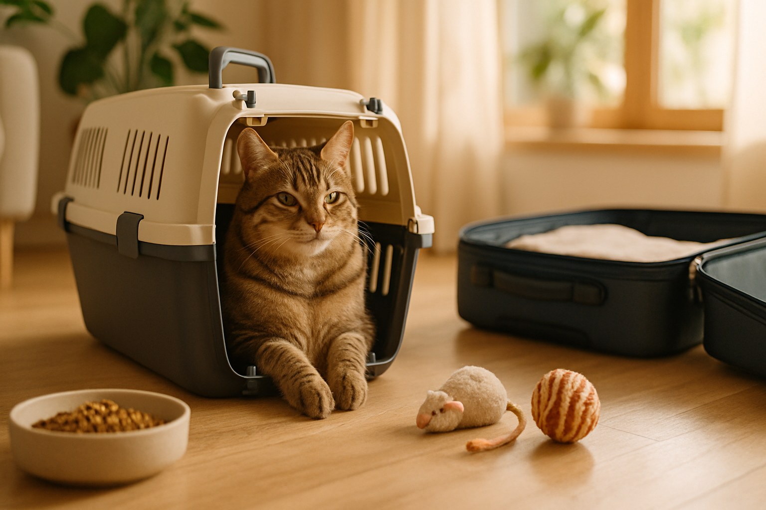 Gatto tigrato rilassato nel trasportino aperto accanto a valigia, con giochi e ciotola, ambiente domestico luminoso