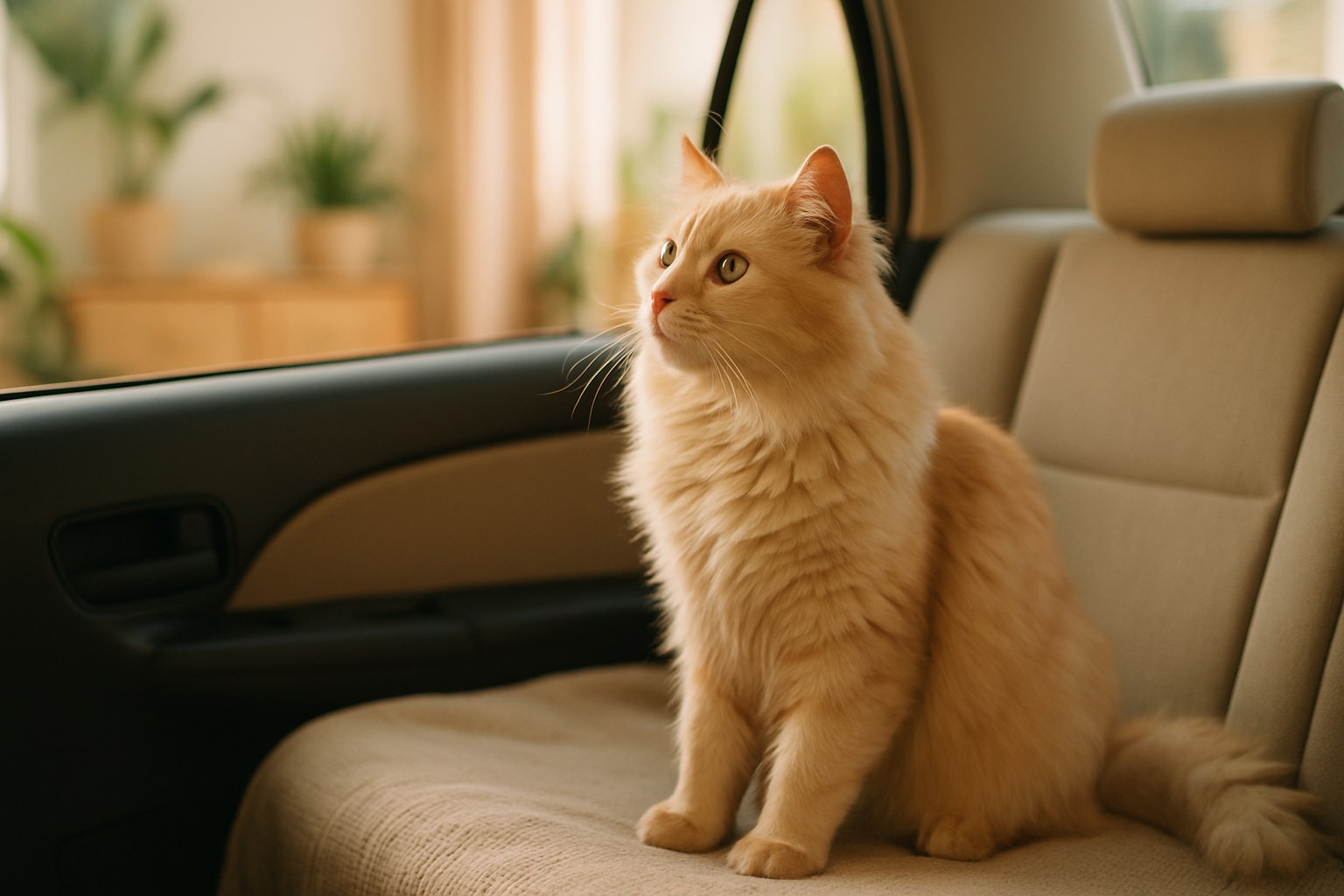 Gatto in trasportino moderno con vista dal finestrino di un treno