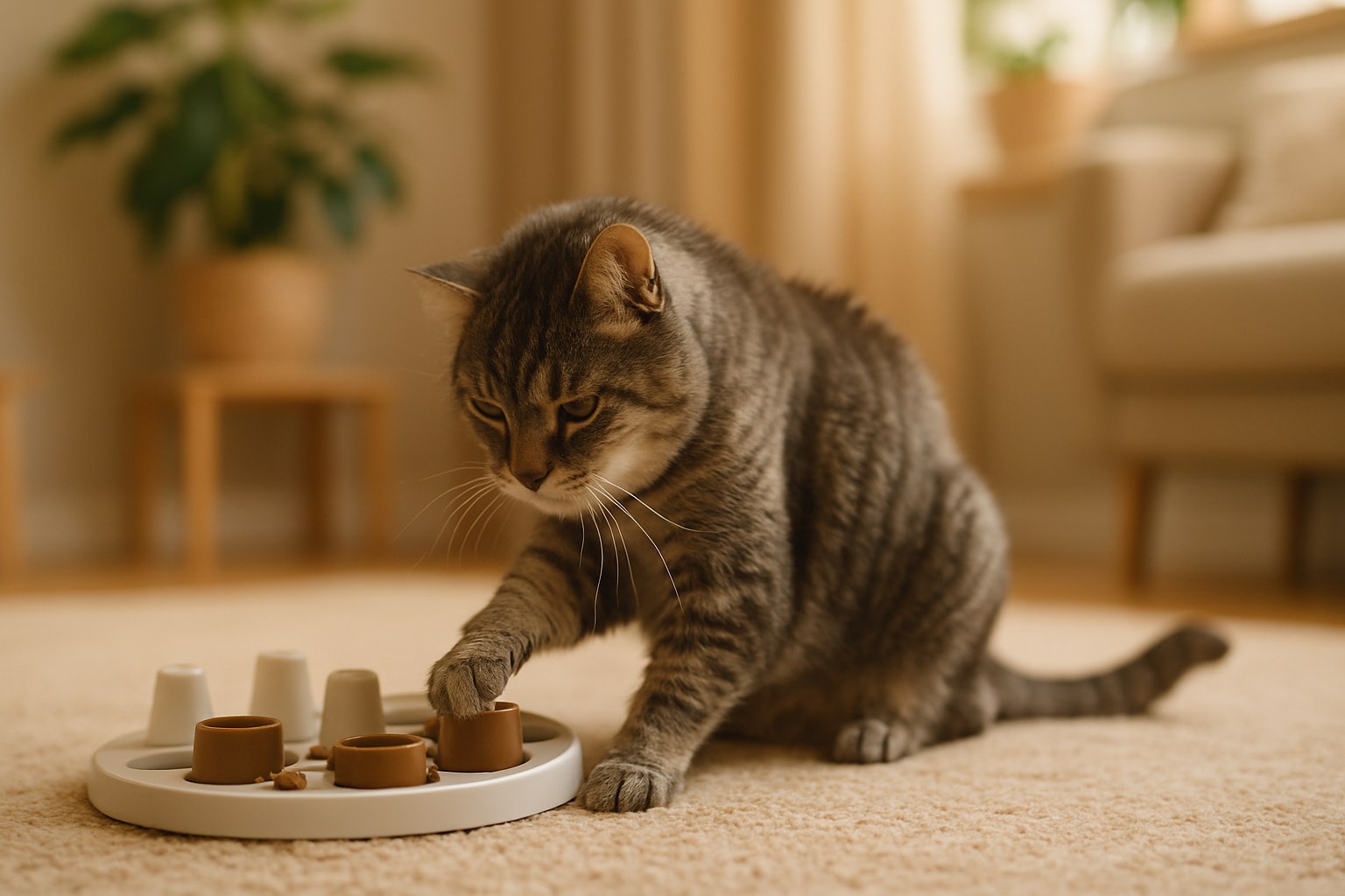 Gatto anziano grigio che gioca delicatamente con puzzle feeder su tappeto morbido in ambiente domestico confortevole