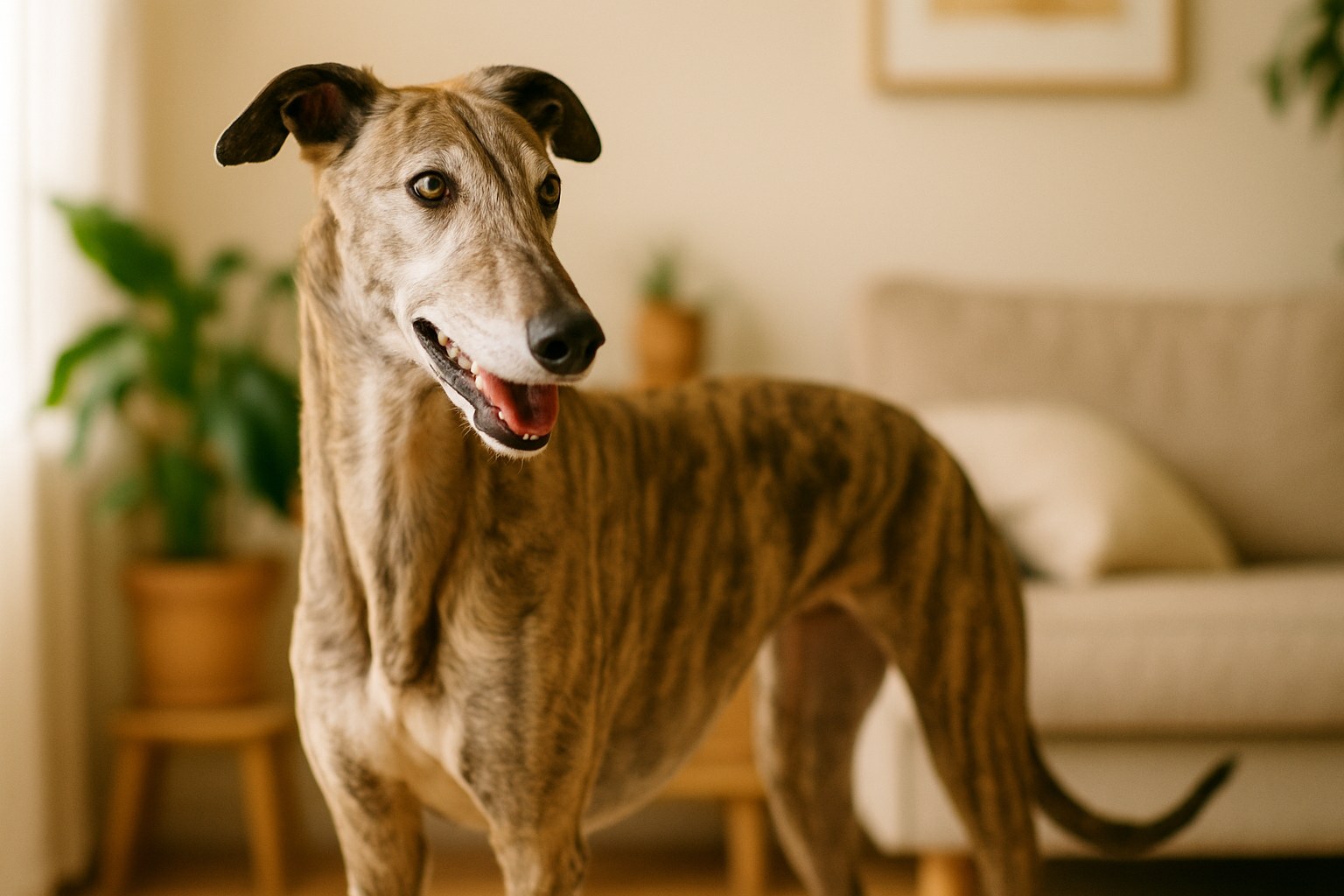 Greyhound elegante sdraiato su un divano di un appartamento