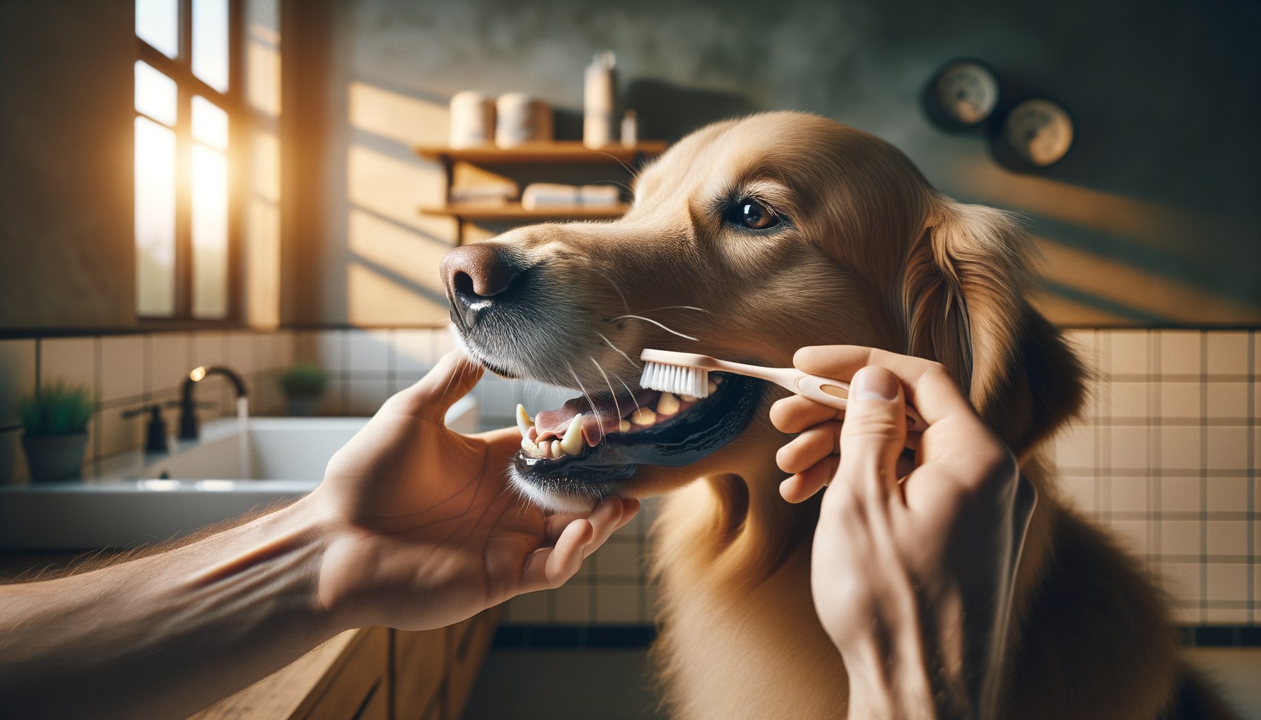 Proprietario che spazzola i denti di un Golden Retriever con spazzolino specifico